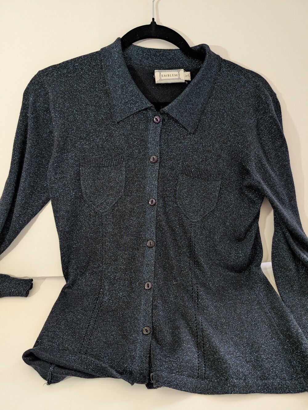 Vintage Women's Shimmery Black Button-Down Top